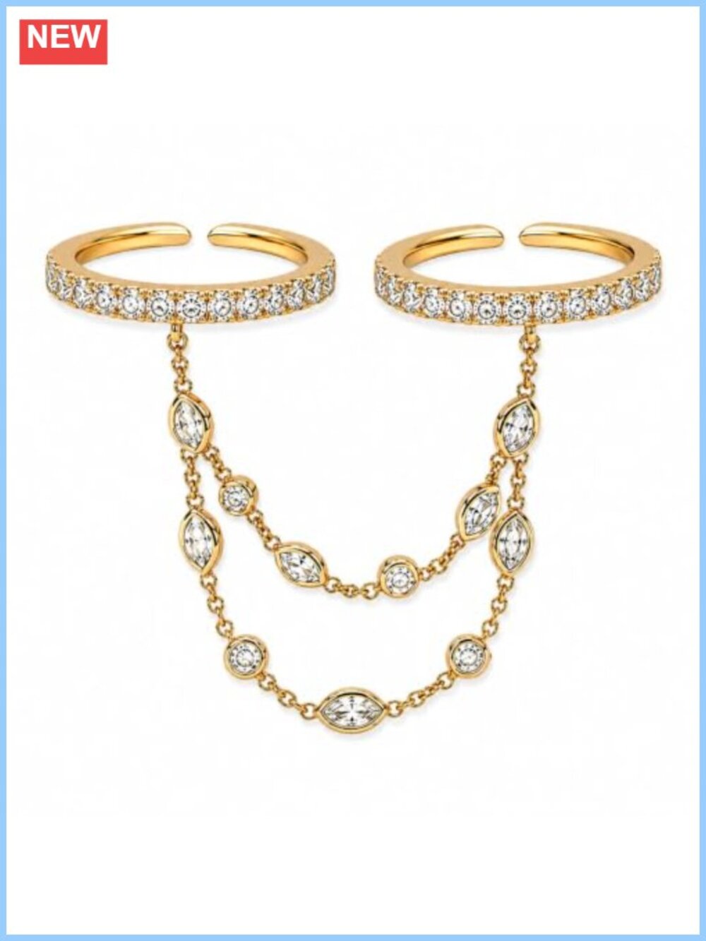 Chunky Cubic Zirconia Two Finger Chain Ring Adjustable Statement Jewelry